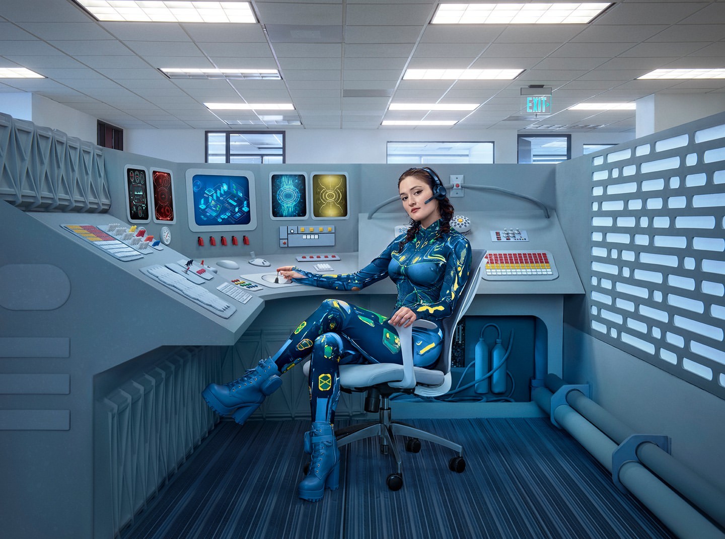 Woman in blue futuristic catsuit sits in a gray cubicle with control panels and screens, wearing a headset and platform boots.